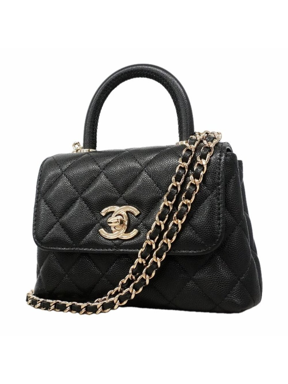 Chanel Handbag Coco Handle Caviar Leather Black Champagne Gold 2-Way Bag